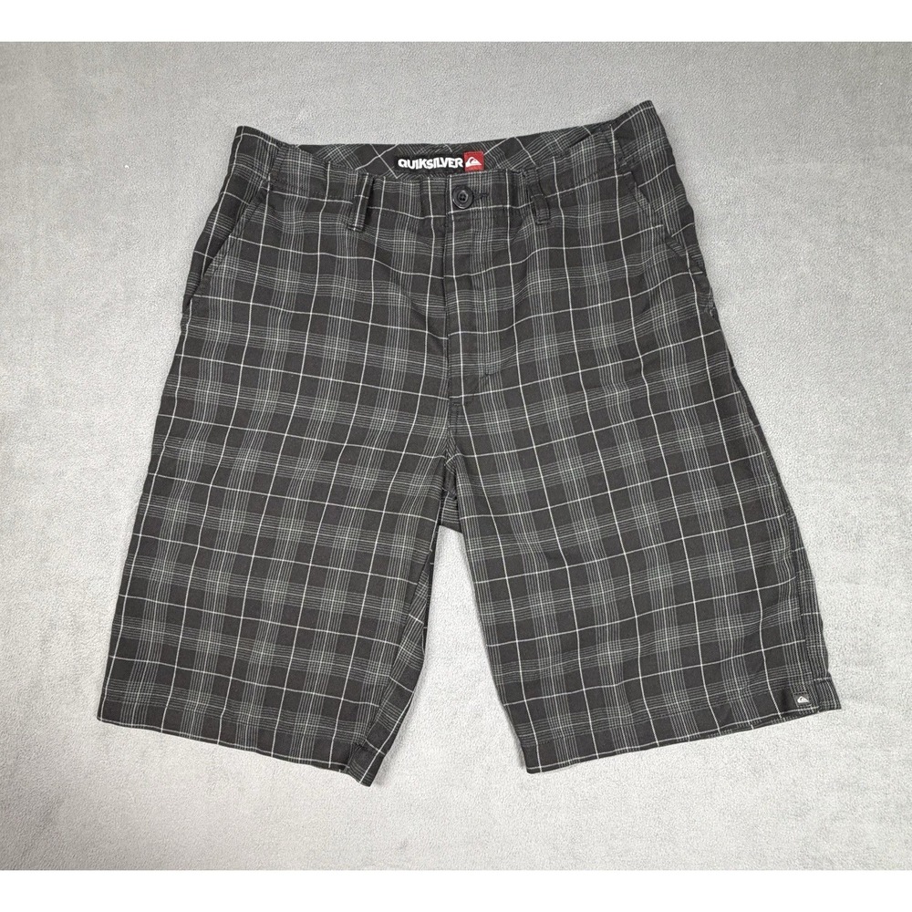 Quiksilver Board Shorts Men 32 Black Plaid Flat Front Outdoor Trunks Lightweight